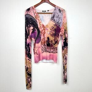 Y2K 90s Womens Sweater Sz XL Fairy Grunge Whimsigoth Beaded V Neck Feminine